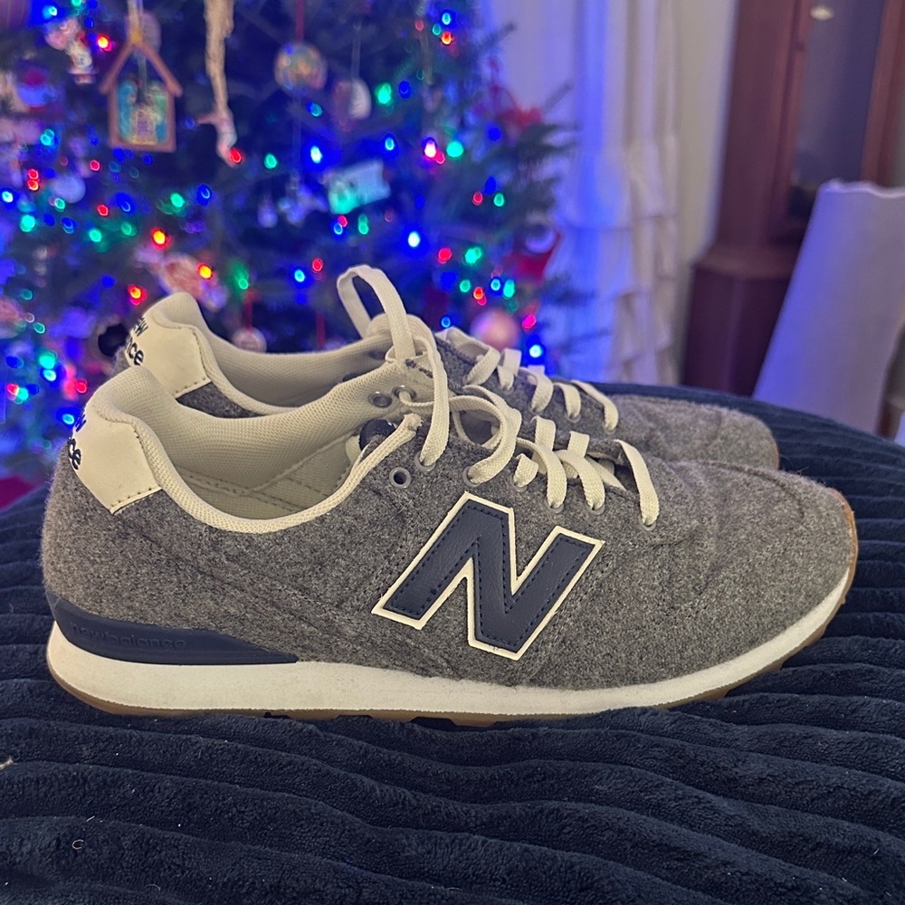 Gray and navy wool New Balance sneakers